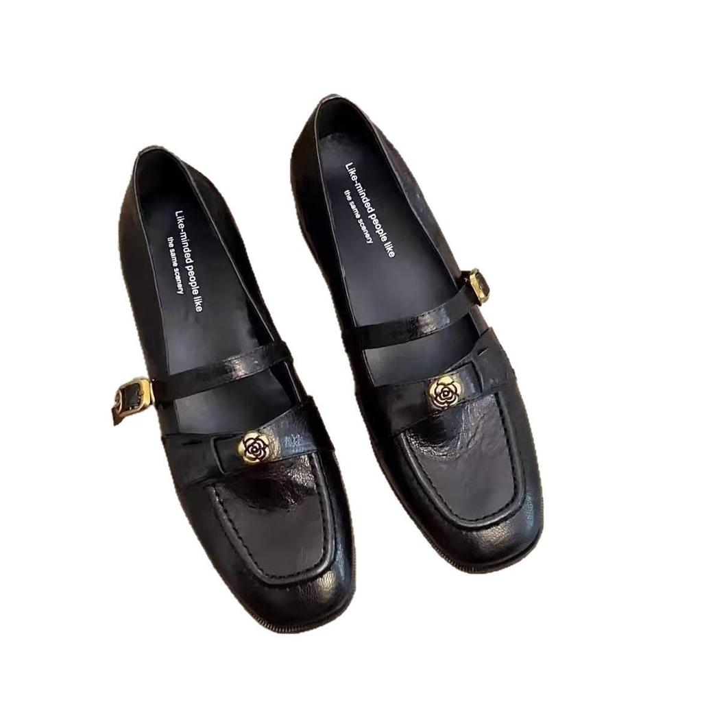 Soft Leather Version _ Soft Leather French Thick Heel Camellia Light Mouth Single Shoes Women's Spring New Retro Mary Jane Small Leather Shoes -