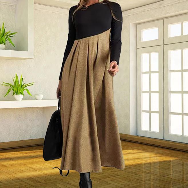 2025 Women's Woolen Patchwork Long Sleeve Dress Skirt - Autumn Winter Color Block