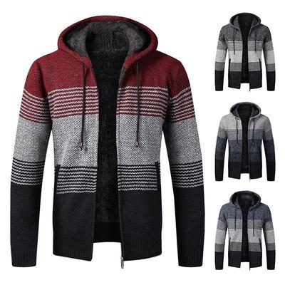 2024 Nouvelle veste épaisse tendance pour hommes d'automne et d'hiver Pull à blocs de couleurs Grande taille Veste d'extérieur pour hommes Cardigan à capuche