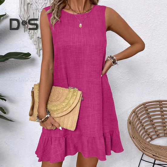 Summer Sundress Ruffle Hem Loose Sleeveless Round Neck Solid Color A-line Mini Dress for Beach Datings Vacation
