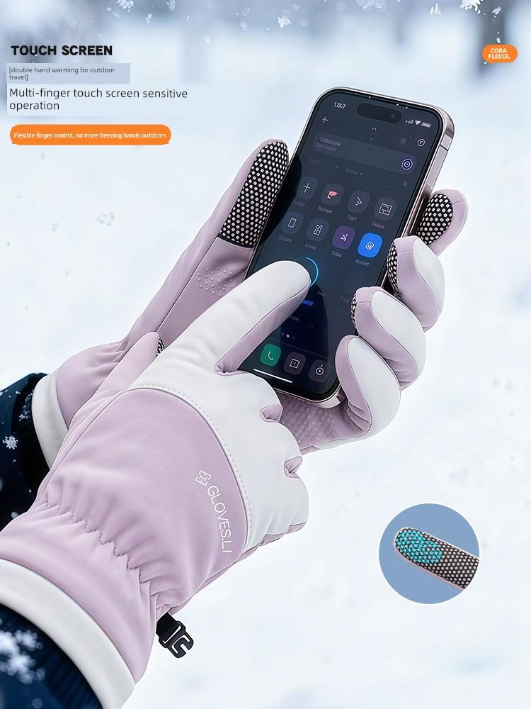 Three-Finger Touch Screen Waterproof Warm Cycling Gloves, Thickened for Cold Protection, Windproof for Electric Bikes, Women's Winter Motorcycle