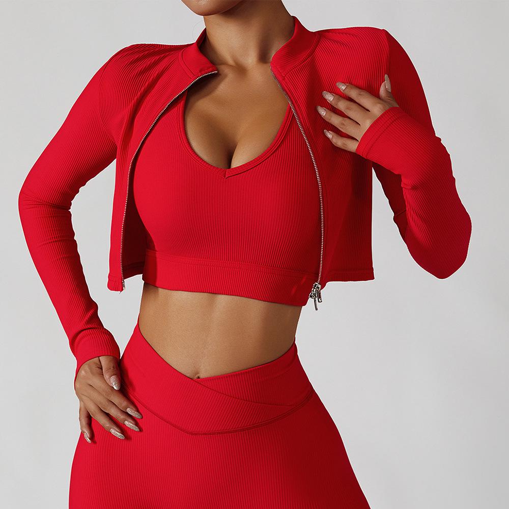 

Европейский и американский комплект из трех предметов для пилатеса и йоги - Спортивная одежда в рубчик с ощущением обнаженности Large красный