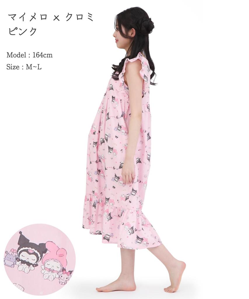 SAZAC Angel My Melody x Kuromi Cotton Dress, 100% Broadcloth, Women's Nightgown/Loungewear (Pink/M-L/SAN1948)
