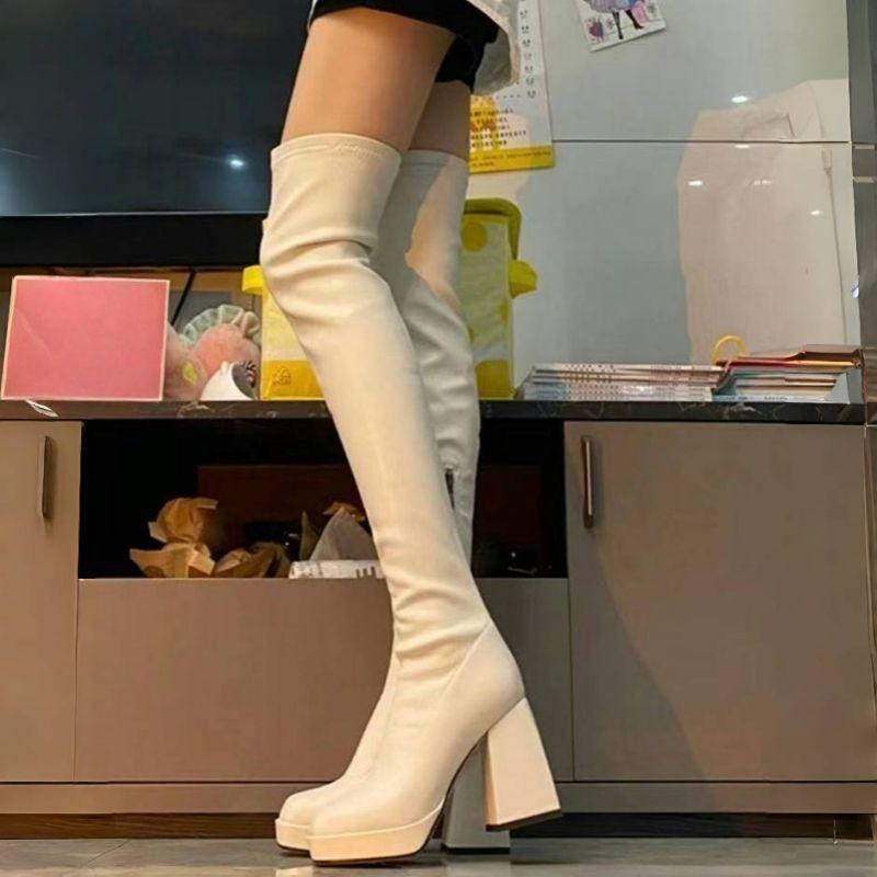 High-heeled small man increases height and looks thin over-the-knee boots, long boots, white over-the-knee boots, waterproof table, new in autumn and