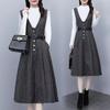 Autumn Winter Vintage Stripe Printing V-neck Tank Dress Black Bottoming Top Suit Female Casual Fashion Pullover T-shirt Robe Set