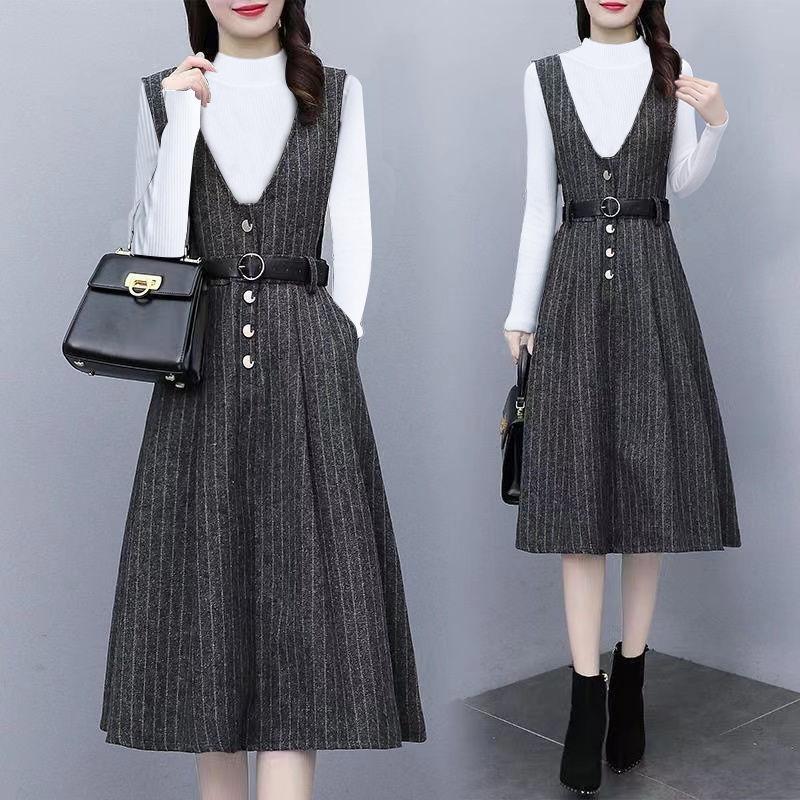 Autumn Winter Vintage Stripe Printing V-neck Tank Dress Black Bottoming Top Suit Female Casual Fashion Pullover T-shirt Robe Set