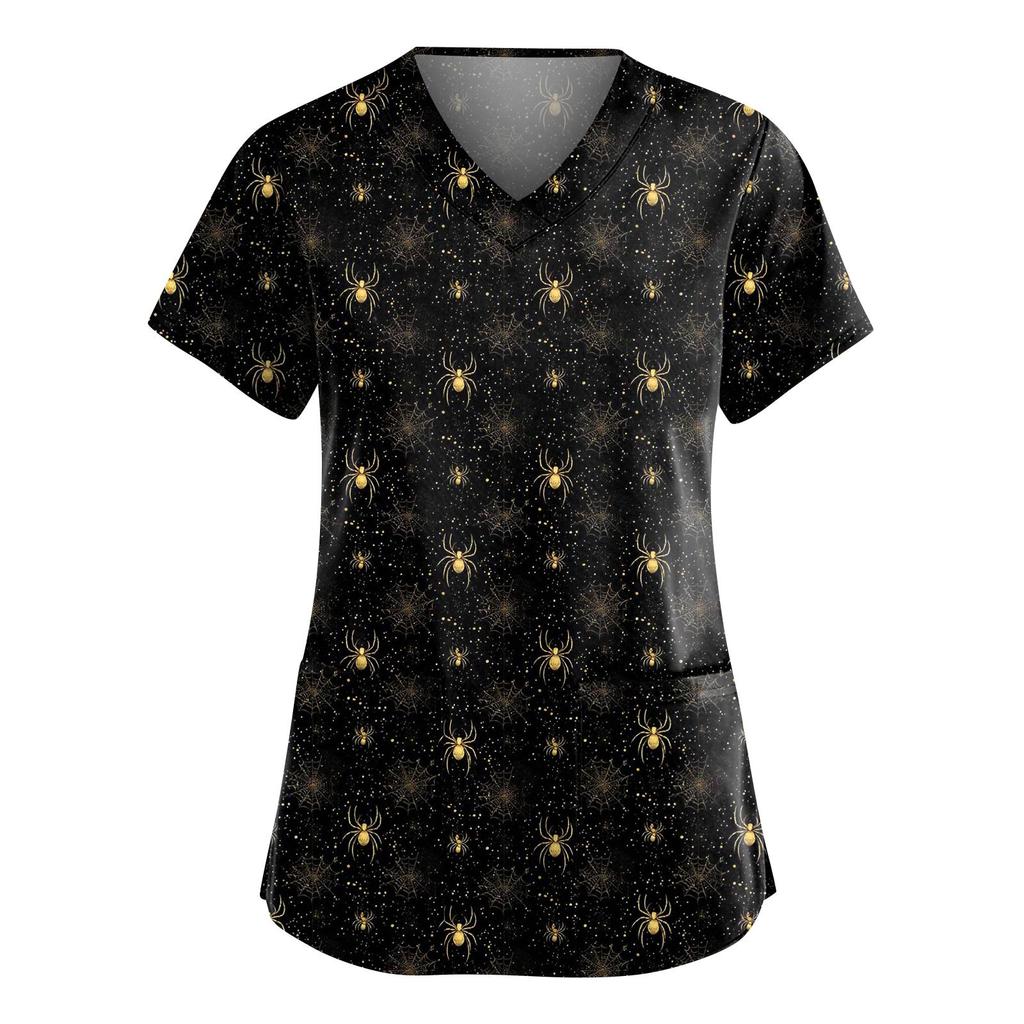 Women's Fashion V-Neck Short Sleeve Overalls With Pockets Halloween Printed Tops  Apparel