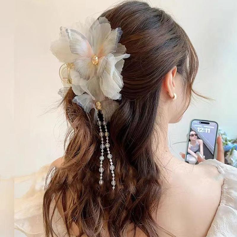 Butterfly Temperament  Chinese Style Flower Tassel Grab Clip Girls Women'S  High-End Feeling Shark Clip Hair Claw