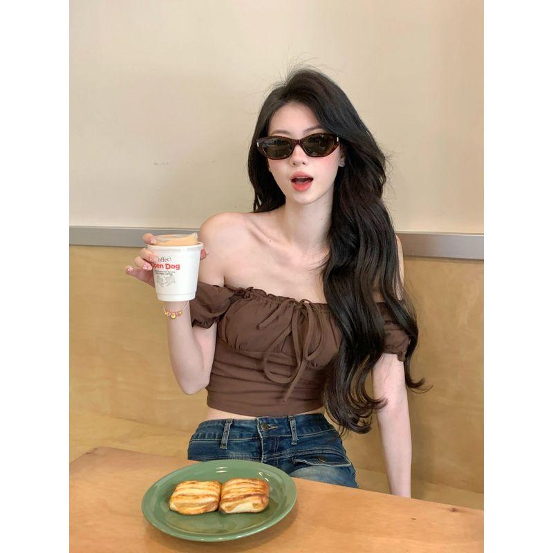 

Pure Desire Sexy Hollow out Tied Square Collar Puff Sleeve T-shirt Female Summer Sexy Fashion Short Slimming Outerwear Top Curry S