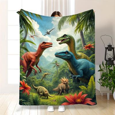 1pc Jungle Dinosaur Print Fleece Blanket 280gsm Heavyweight AllSeason Soft Flannel Throw with Prehistoric Dinosaur Design T