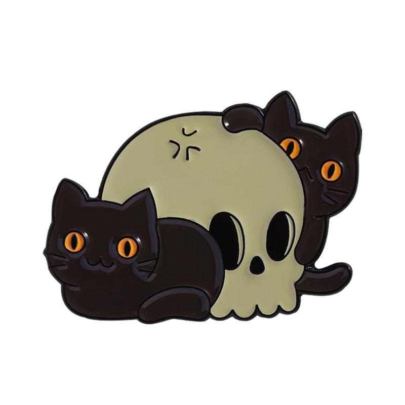 Unique Skeleton Cats Theme Metal Pin Creative Gift Mysterious Black Cats Jewelry For Gothic Culture Lovers