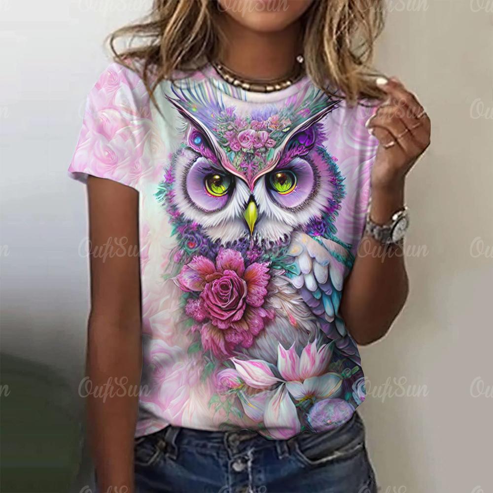 Women's T-Shirts Top Short Sleeved Owl 3D Print  Fashion Casual Style Round Neck Tee T-Shirt