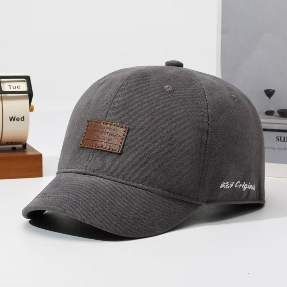 Cotton Leather Patch Baseball Cap Short Brim Streetwear Cap Minimal Adjustable Cap For Women Men