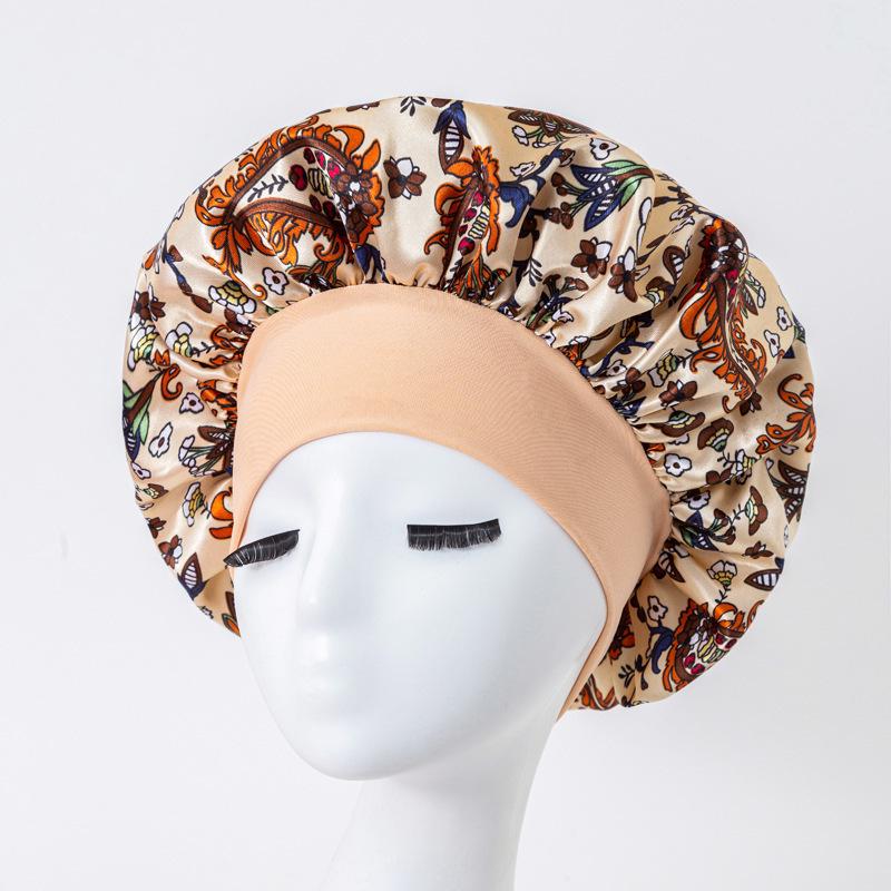 European American Print Satin Sleep Cap - Wide Brim Silky Hair Protection Hat for Women
