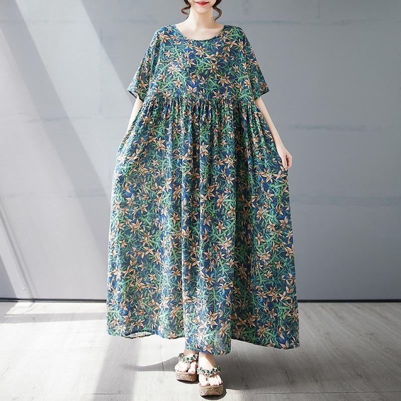 Kurzarm Plus-Size-Baumwolle im Vintage-Stil mit Blumenmuster, neu in Kleidern für Damen, lässig, locker, für den langen Sommer