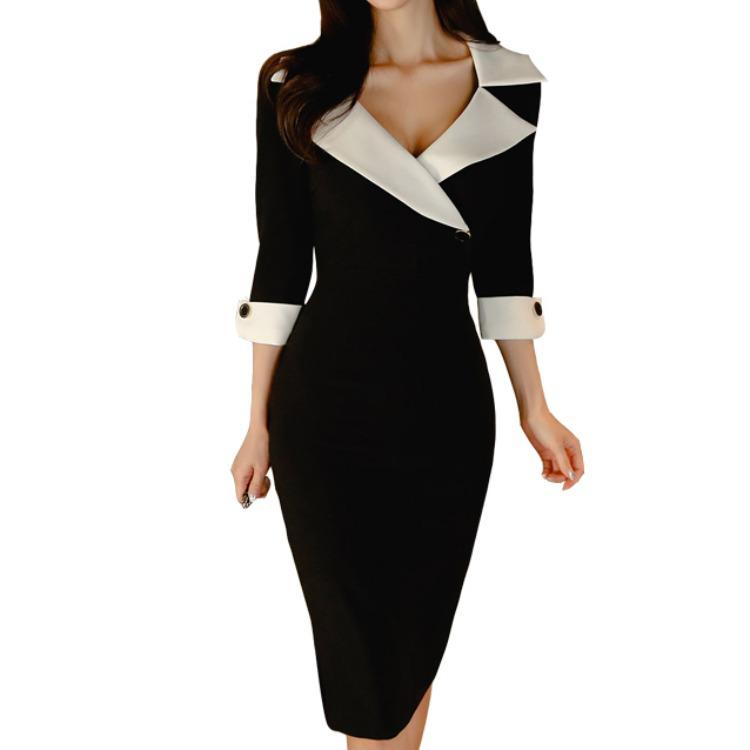 

Весна 2024 г., женское черно-белое платье с воротником-стойкой и облегающими рукавами три четверти Medium чёрный