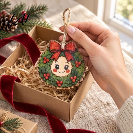 Holiday Tree Decoration Wooden Christmas Santa Claus Ornament Snowman Stocking Wreath Hanging Natural Wood Decor Decoration 2D Farmhouse Rustic
