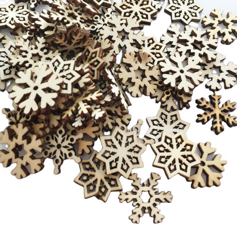 25mm Christmas Snowflake Wooden Buckle Chips DIY Craft Accessories, 50pcs/bag, In Natural Log Color