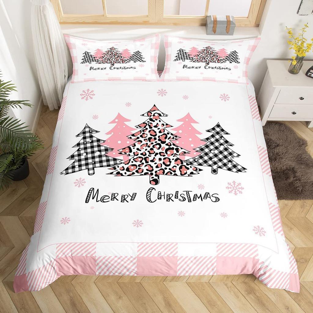 Pink Plaid Christmas Tree Three-Piece Quilt Cover 3D Digital Printing Bedding Set Bed Cover