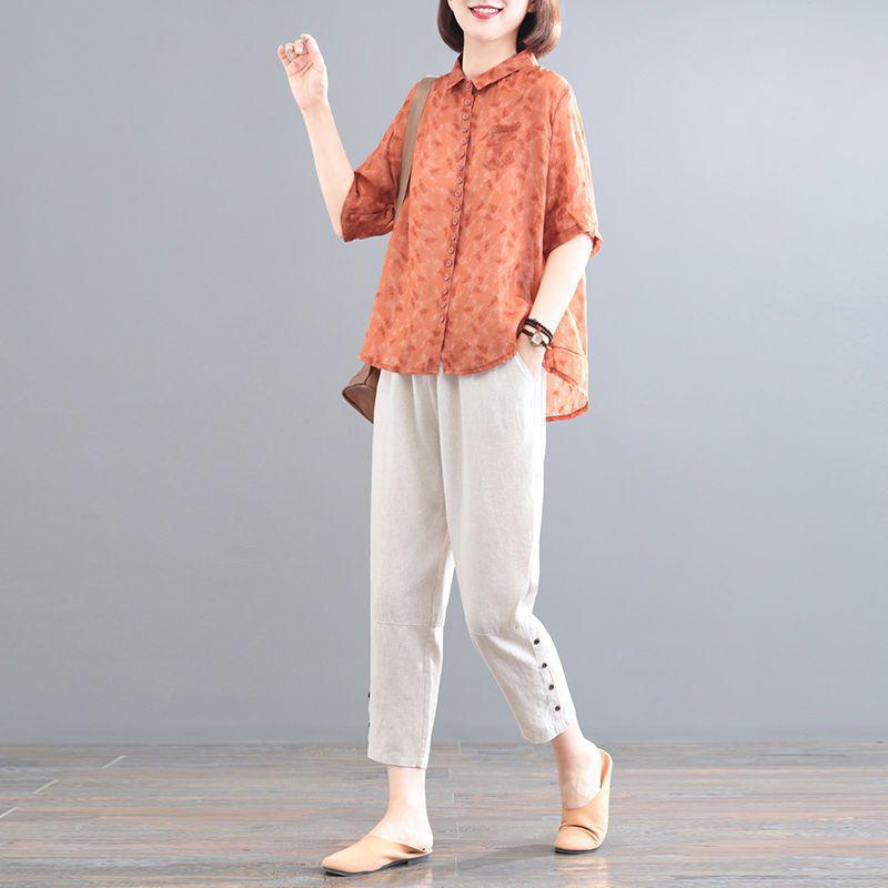 Koreanischer Stil Baumwolle Leinen Übergröße Retro-Print Zweiteiliges Set - Damen Lässiger Sommeranzug