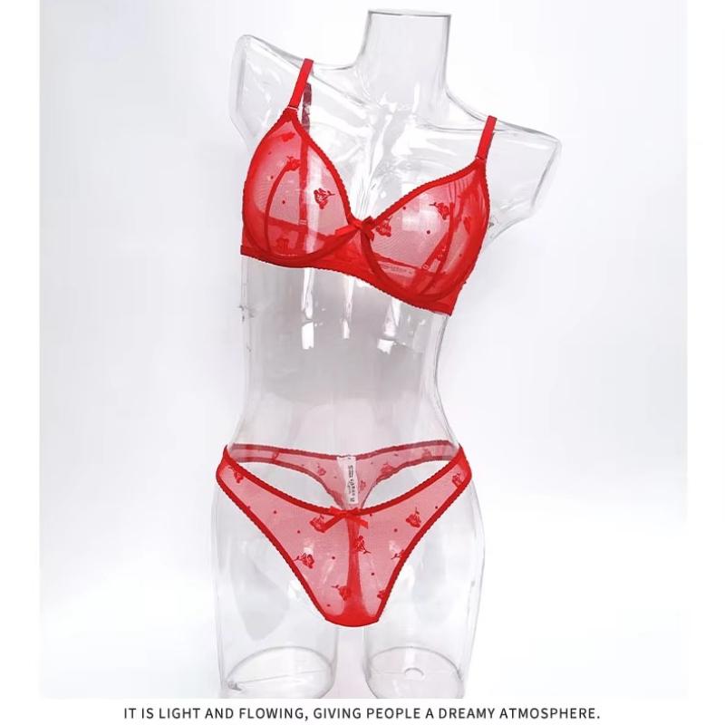 French Ultra Thin Women Underwear Set Sexy Flocking Push Up Bra Summer Ladies 6 Color Mesh Breathable Lingerie and Thong Sets