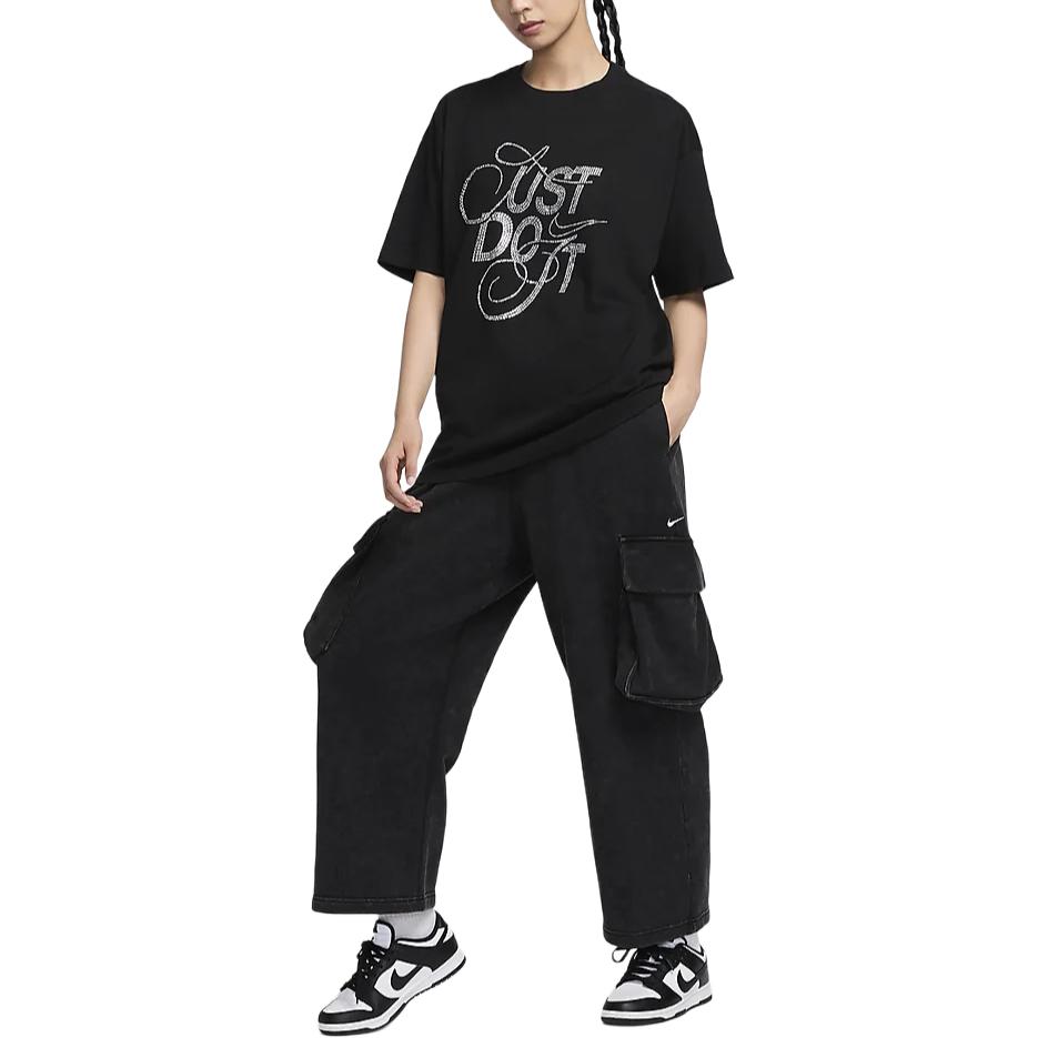 Nike Sportbekleidung Logo Design Gerade Bein Gestrickte Sporthose Damen Hose Schwarz HQ4751-010