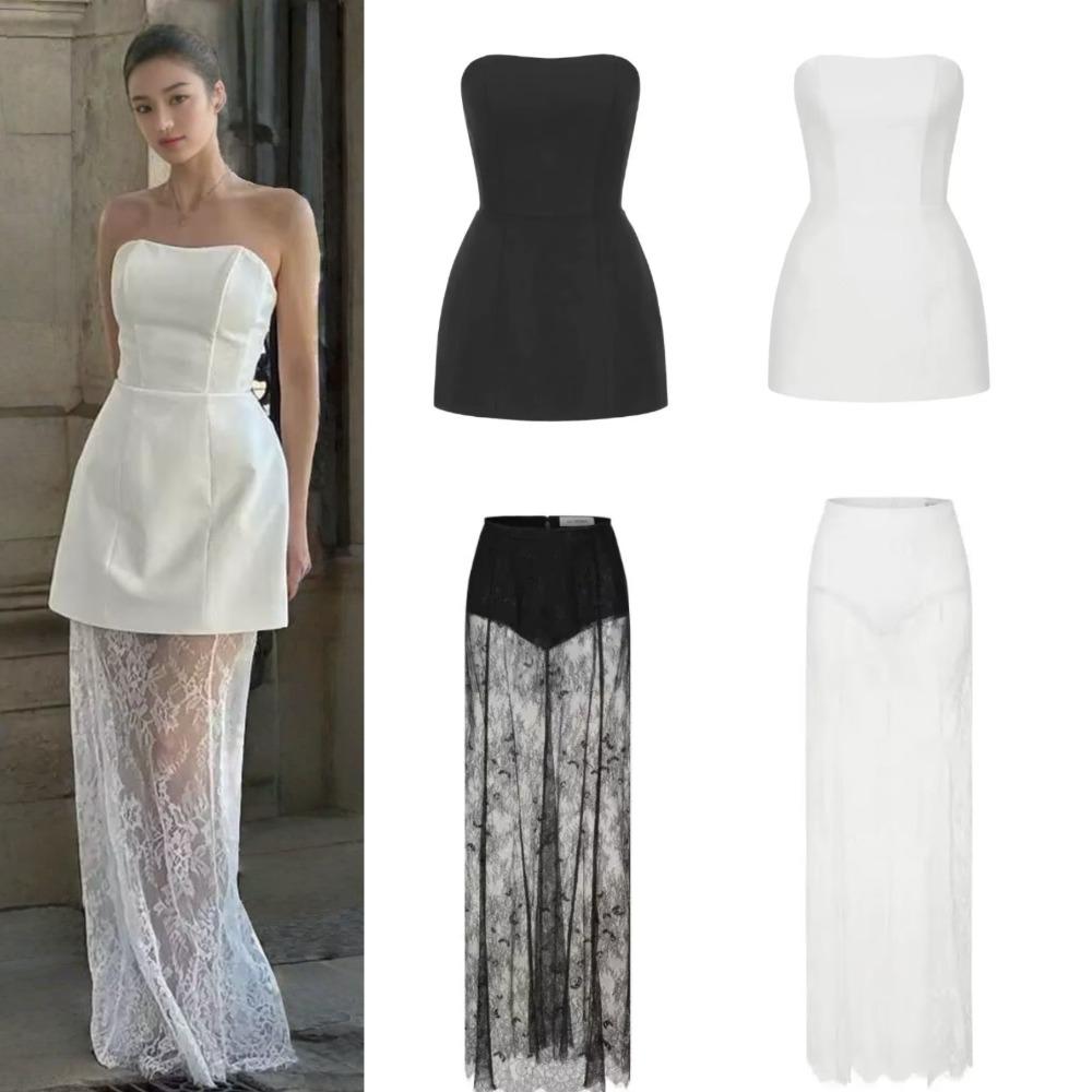 Damen trägerloses Schlauchtop Zweiteiliges Set Tailliert durchsichtiger Spitzen-Maxirock Elegantes Sommer-Kombinationsoutfit