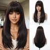 Long Layered Brown Wig with Bangs Straight Synthetic Hair for Women