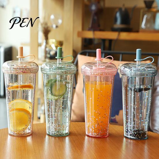 Handheld Drinkware for Campus Transparent Straw Cup, with Sequins Decor And Leak Proof Cute Milk Tea Cup Girls Lid, Reusable Plastic Sippy Students
