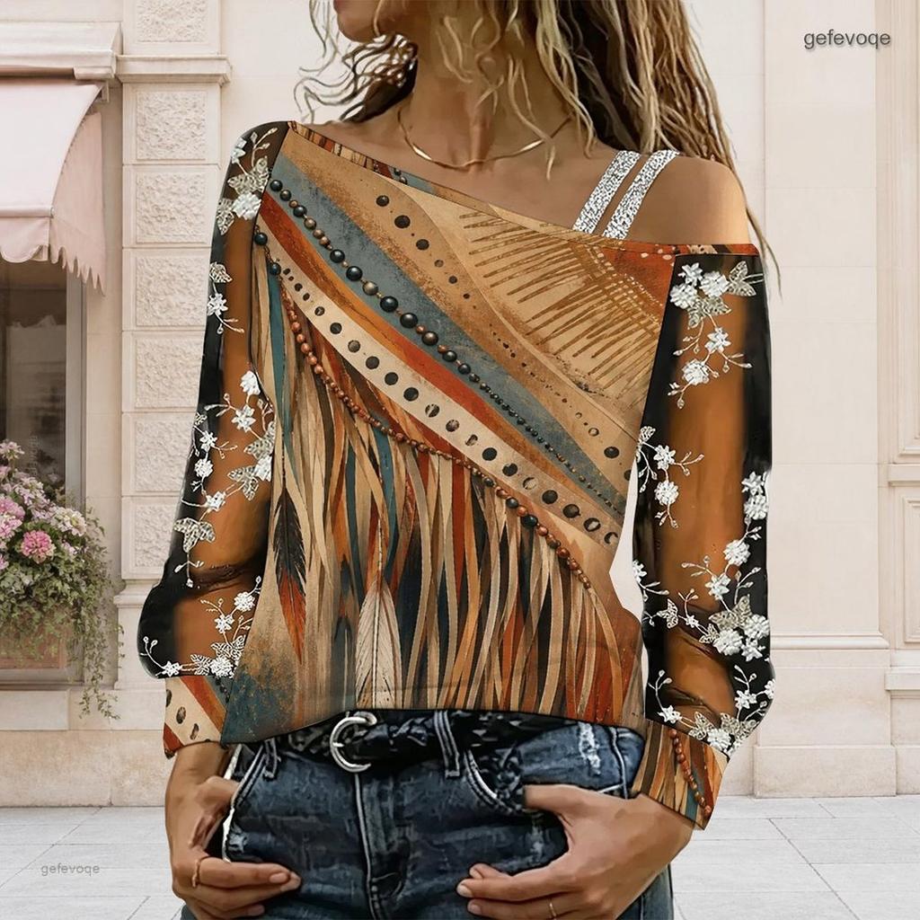 Women Plus Size Asymmetric Off Shoulder Long Sleeve Floral Print T Shirt Sheer Sleeve
