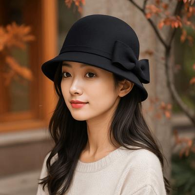 Keep Warm Bow Topper Hat Solid Color Woolen Bucket Hat Simple Women Fisherman Hat  Autumn Winter