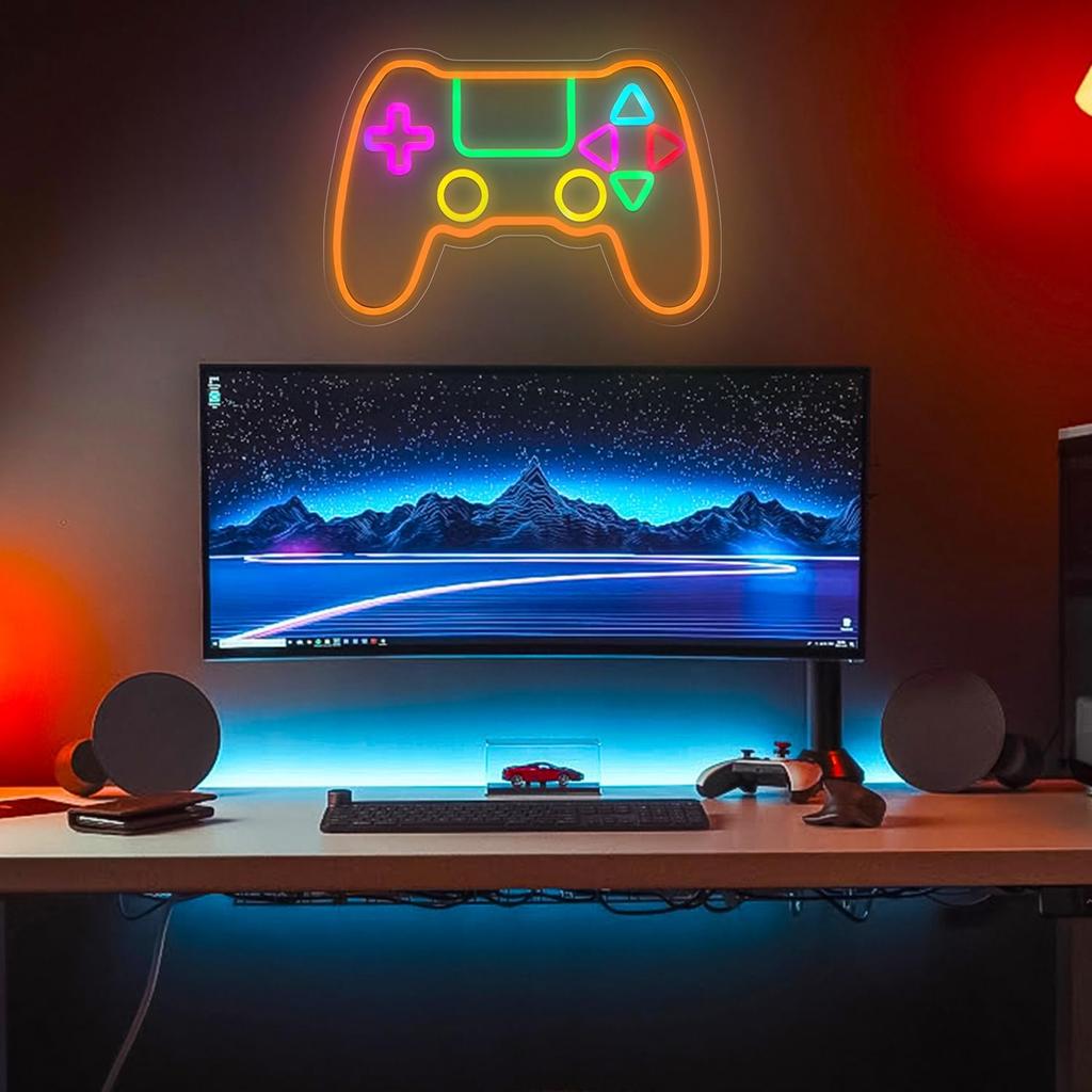 Gamer Neon Sign, LED Game Controller Gamepad Gaming Neon Light Sign for Game Room Wall Decor, Scrolling Color Changing Flashing Modes, Video Game
