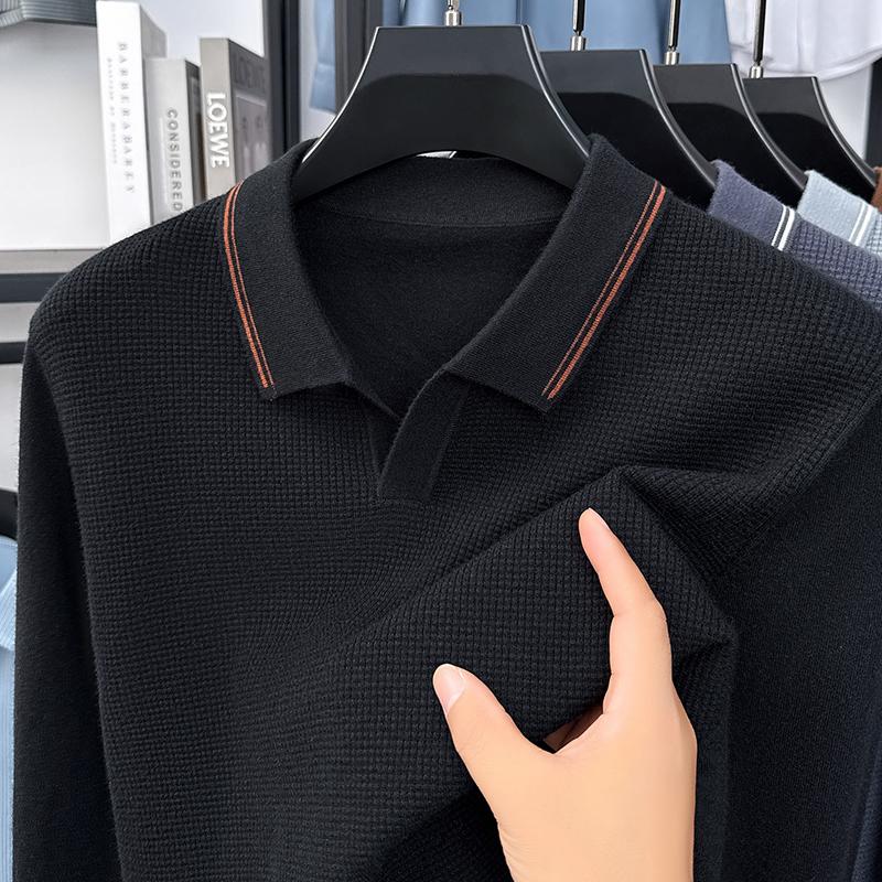 Men's Lapel Small V-Neck Long Sleeve Knitwear Autumn Winter Solid Color Waffle Sweater Casual Trend Menswear