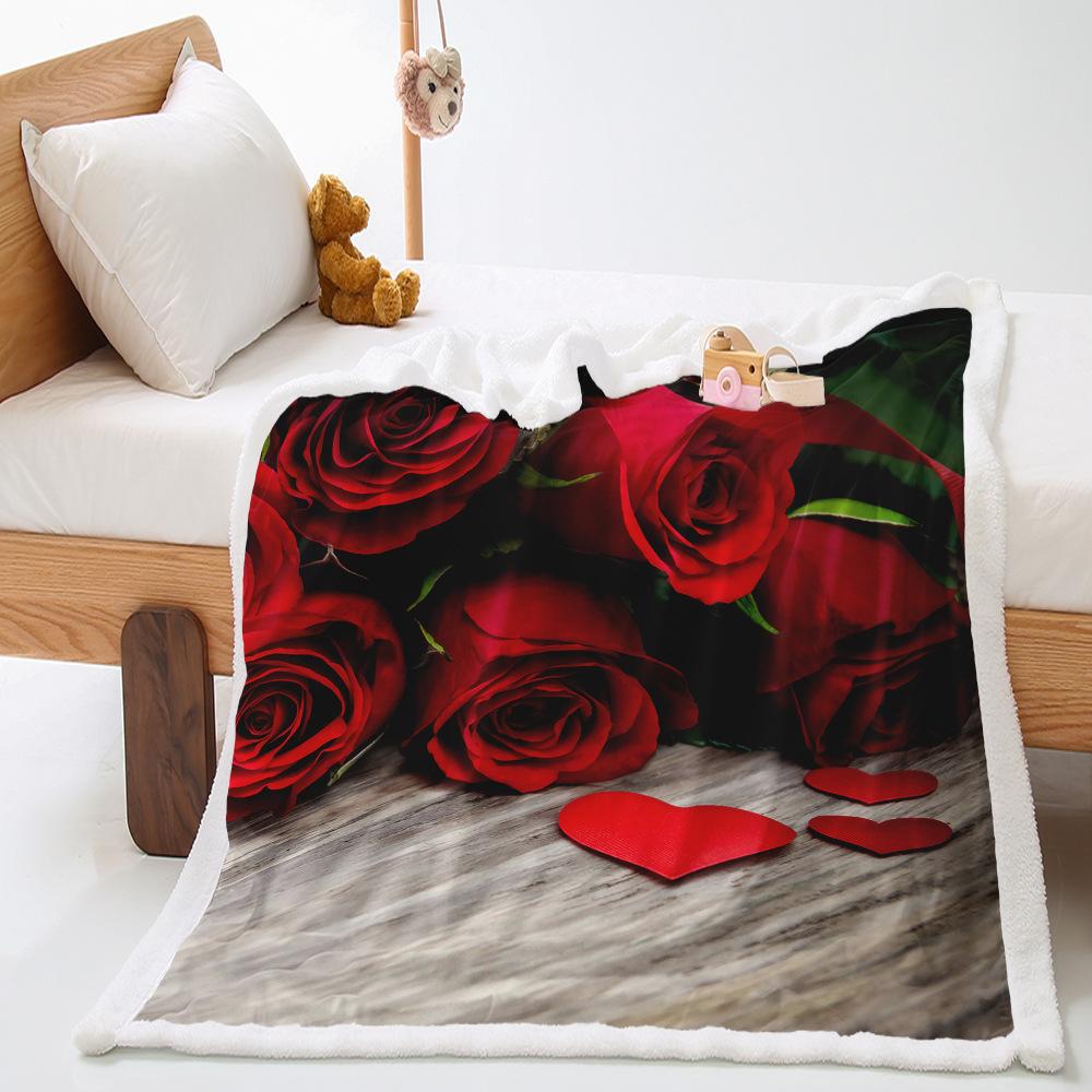 Valentine's Day Rose 2D Digital Printing Thickened Lamb Fleece Crystal Fleece Blanket One Piece Blanket