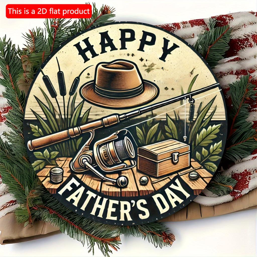 2d Flat 20*20cm, "Happy Father's Day" Round Wooden Logo Wall Art, Retro Fishing Design, Perfect Gift for Fathers on Father's Day, Decor Easy Hanging.