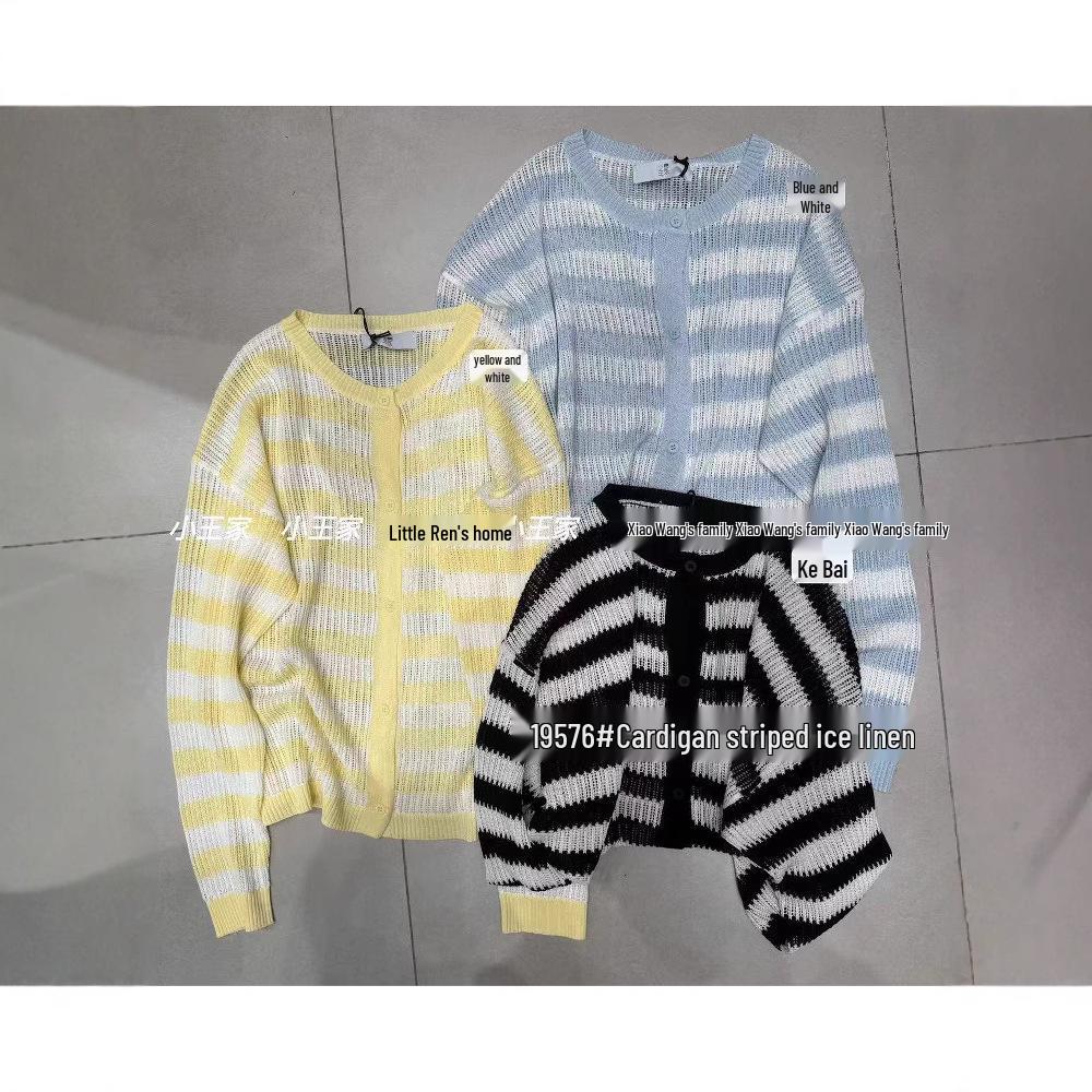 

Xiao Wang s 19576 Summer Korean Loose Plus Size Striped Knitted Cardigan One Size синій/білий