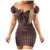 Women's Sexy Bag Hip Lace-up Dress Plaid Print Leaky Shoulder Fashion Short Skirt