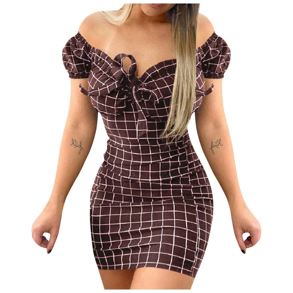 Women's Sexy Bag Hip Lace-up Dress Plaid Print Leaky Shoulder Fashion Short Skirt