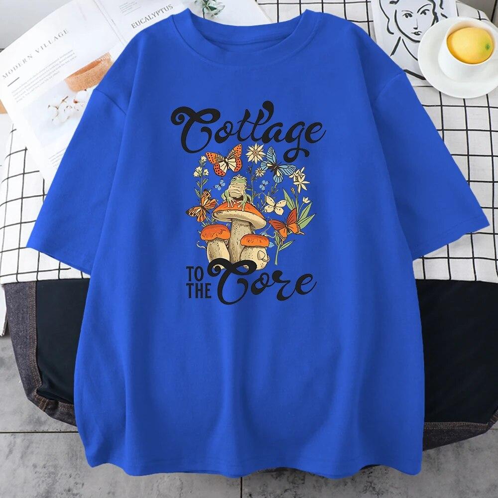 Cottagecore Estetika s žabí houbou Květinové topy Unisex trička nadměrné velikosti Volná letní trička Nové trička ze 100% bavlny