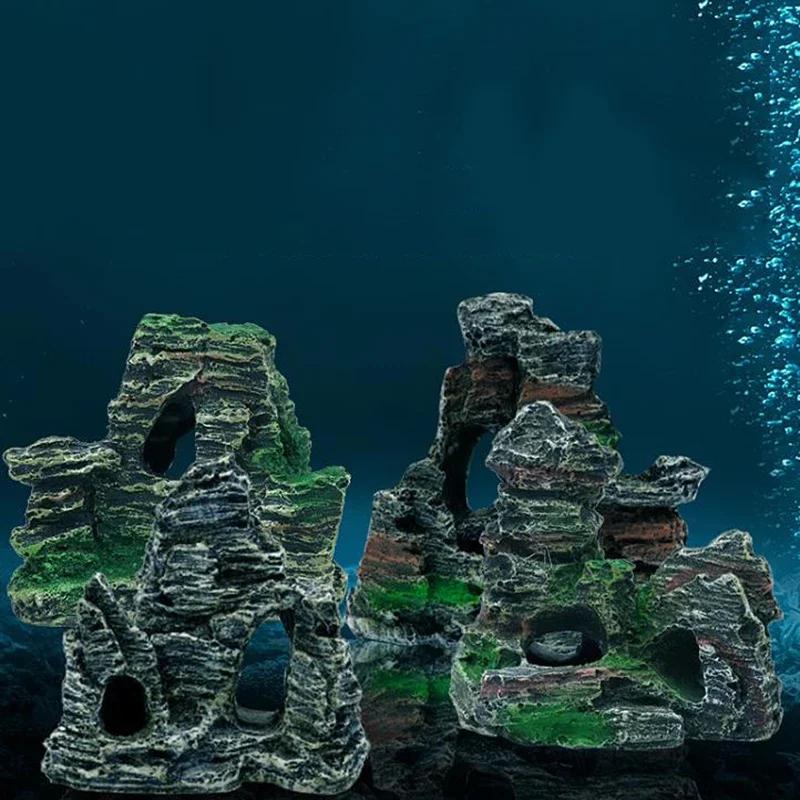 Small Aquarium Rockery Mountain View Rock Cave Stone Tree Fish Tank Ornament Decoration Aquarium Accessories Yellow Mountain