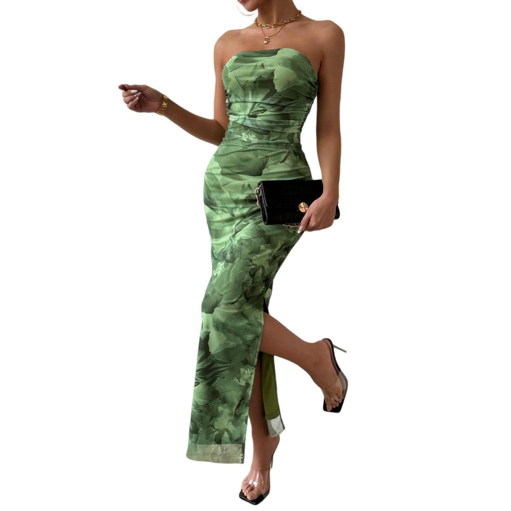 Spring and Autumn Women's Clothing Mesh Floral Pleats Sexy Tight Split Strapless Tube Top Dress