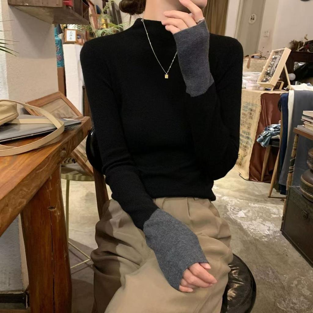 [Core-spun yarn] Contrasting color semi-turtleneck knitted sweater Lazy wind sweater women's autumn and winter versatile