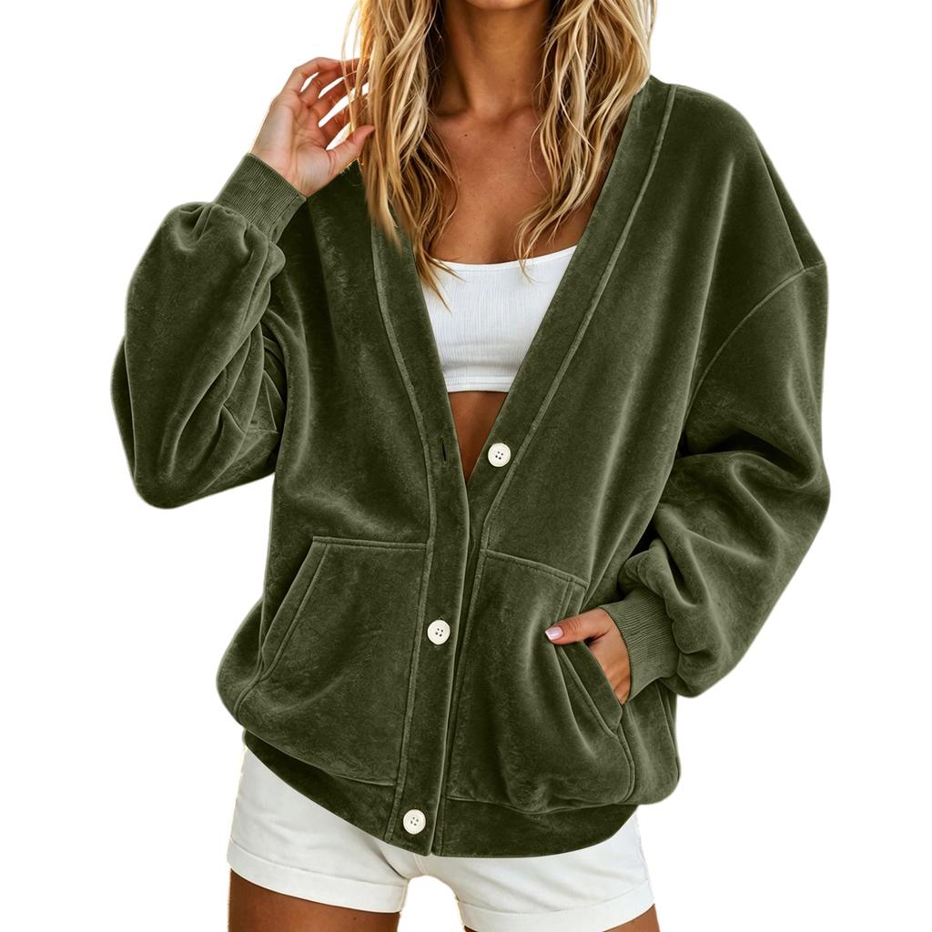 Women's Casual V Neck Button Down Long Sleeve Jacket Loose Fit Lightweight Soft Fabric Outerwear