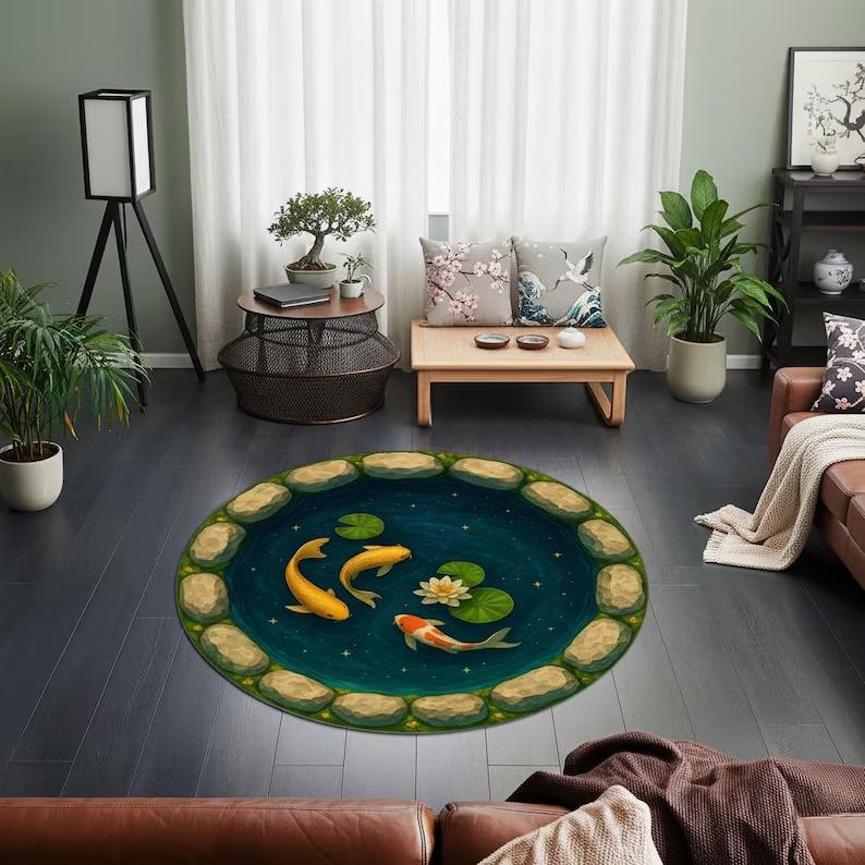 Kodama Koi Pond Rug Japanese Fish Rug Housewarming Rugs Contemporary Art Classic Rug Abstract Rug Carpet Anti-Slip Rugs