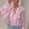 Spring and Summer New French Temperament Lotus Leaf Neck Cardigan Shirt Women's Niche Design Horn Sleeve Pink Top