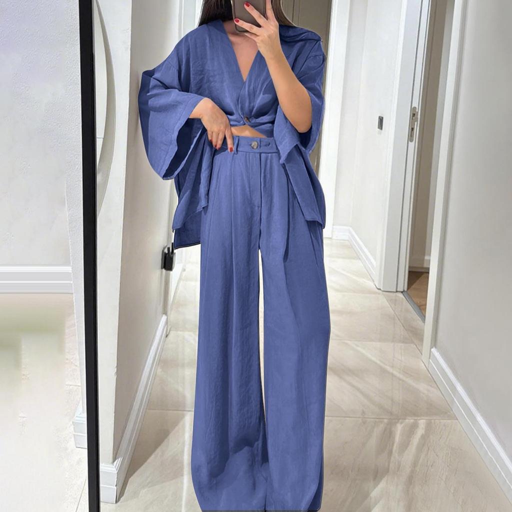Two Piece Outfits For Women V Neck Button Down Shirt Top And Wide Leg Pants Set Loose Sweatsuits