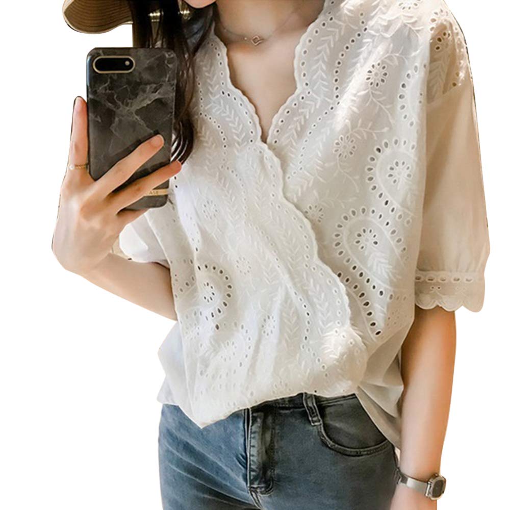

[SYitong] Summer Embroidered Top Blouse for Women, Polyester Cotton, Embroidered Lace, Elegant Shirt, Cute Floral Print, V-Neck, Short Sleeves, Lightw