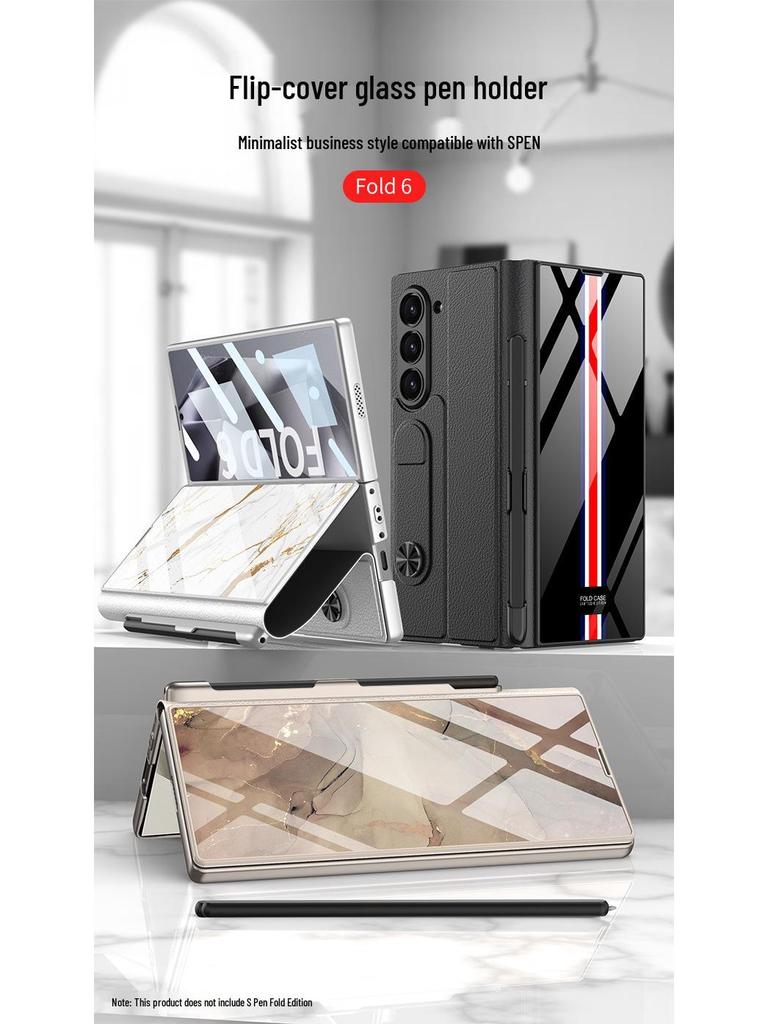 Samsung Z Fold 6 Leather Flip Case with Pen Slot and Glass Cover – Stylish and Business-Friendly.