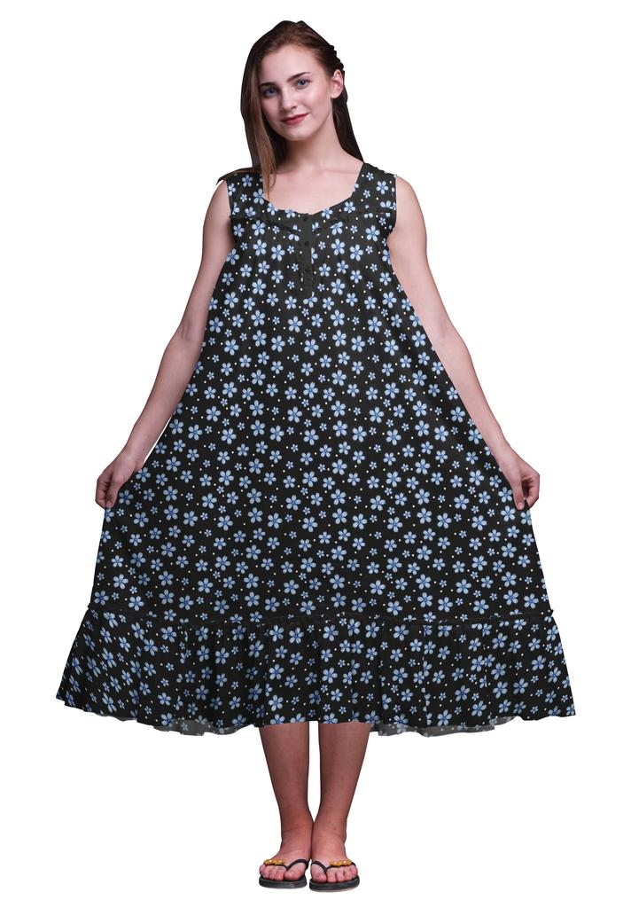 Bimba Black Butterfly Dot & Sleeveless Night Gown For Womens Cotton Printed Nightwear Ladies Sleepwear