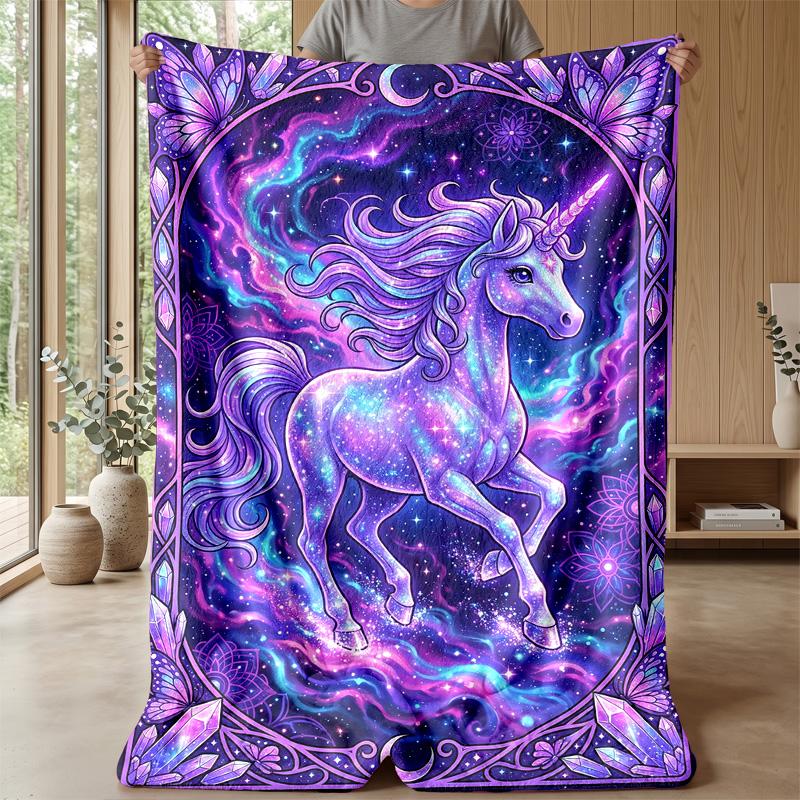 Cosmic Unicorn with Flowers Blanket Personalized Name Flannel Blanket Soft Cozy Plush Throw for Sofa Bed Lightweight Home Decor
